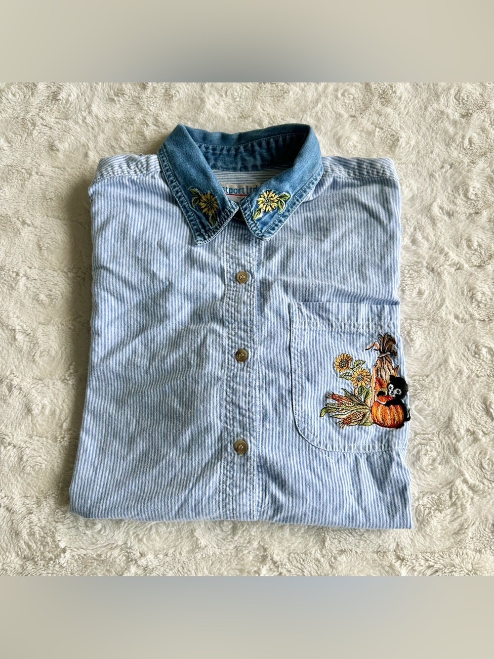 Vintage Cat Shirt Blouse Womens Small Blue Striped Sunflower Autumn Denim Collar